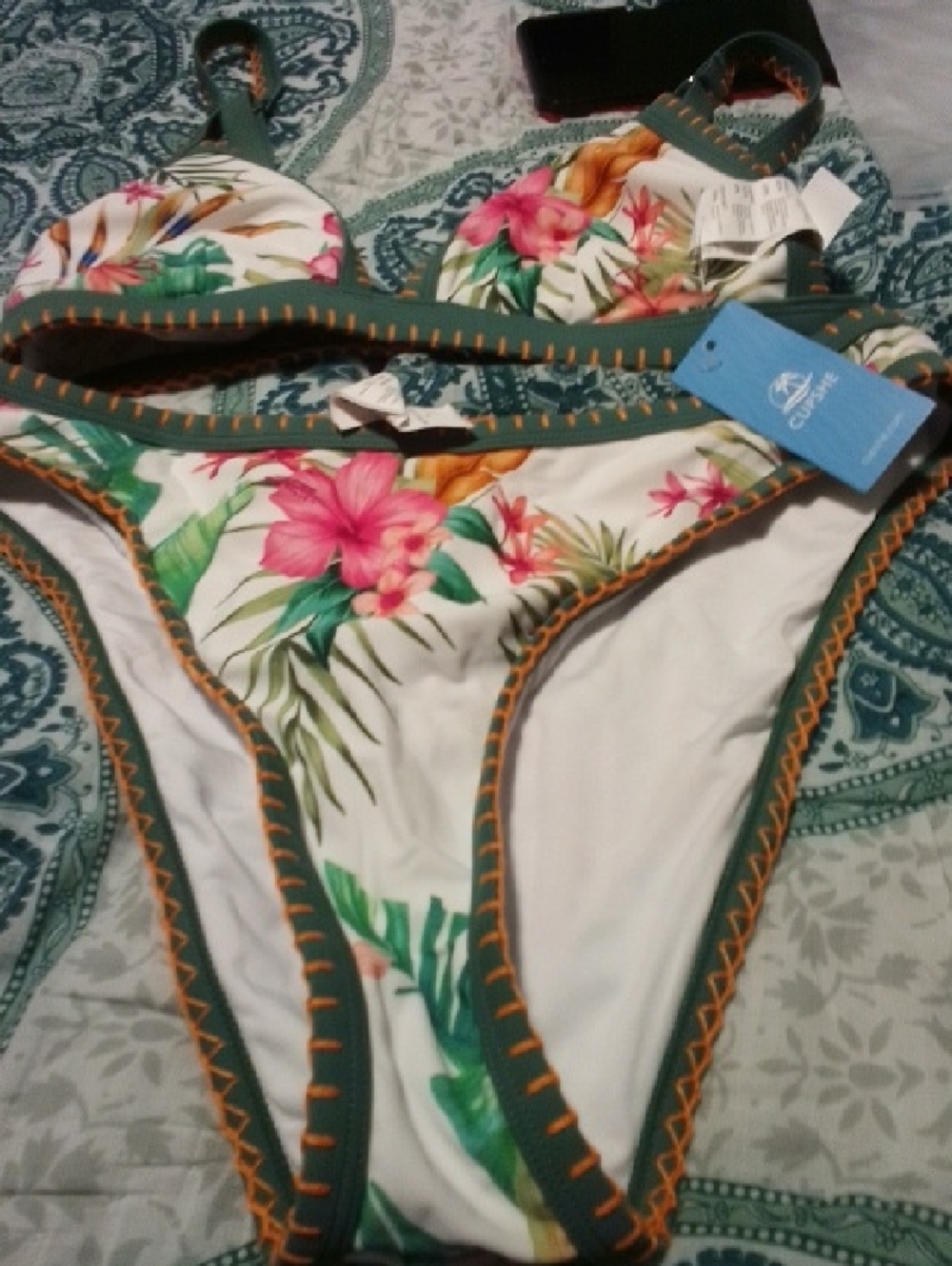 Cupshe White Floral Bikini with Green Trim and Orange Stitching